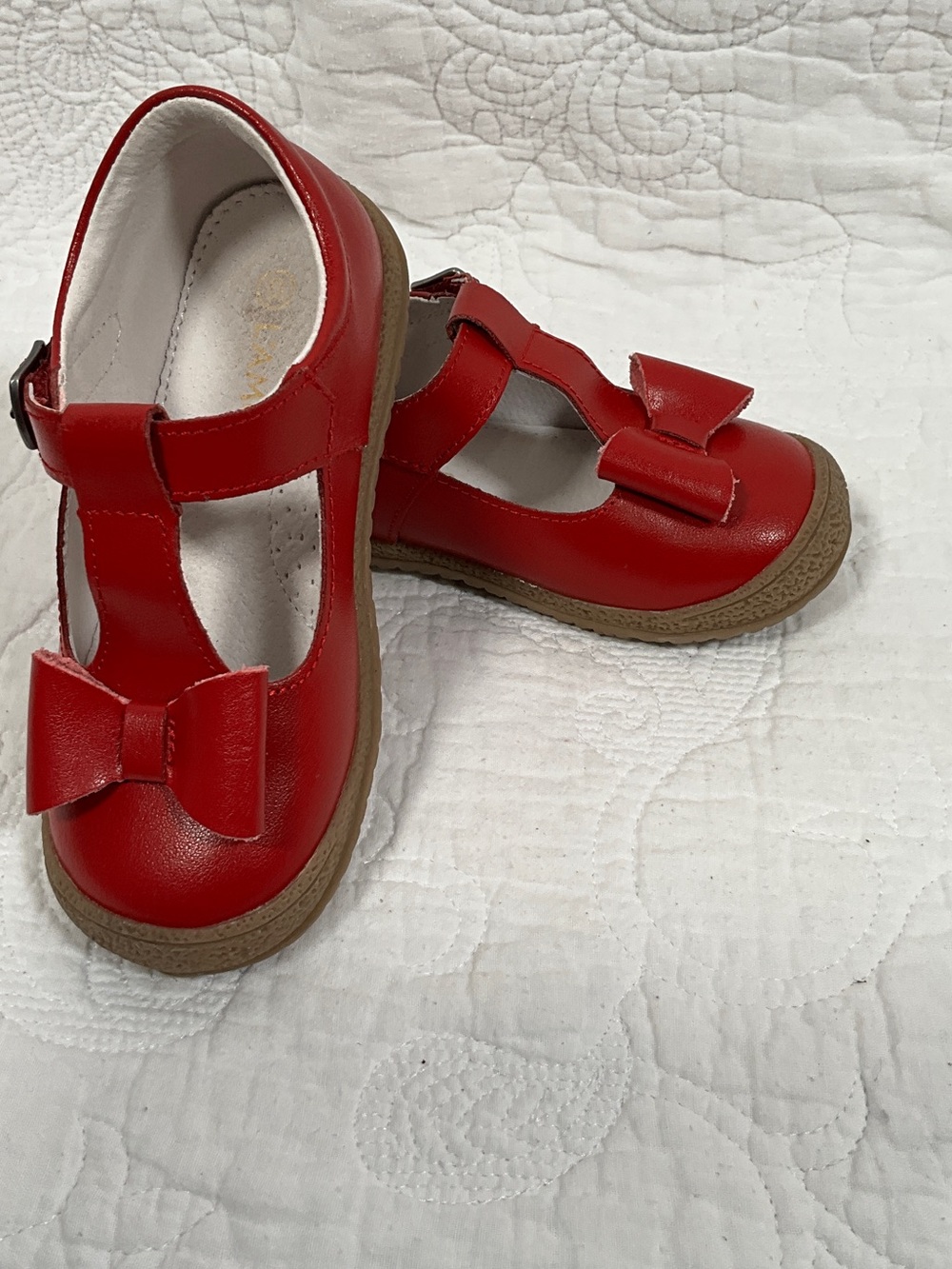 L'Amour Red T-Strap Mary Jane with Bow Accent